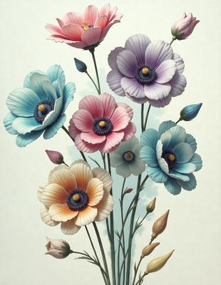 The primary subject of the image is a bouquet of colorful flowers, including pink, purple, blue, and orange flowers. The flowers are arranged in a vase, creating a beautiful and vibrant display. The setting is a white background, which provides a clean and minimalist look to the image. The visual style is a combination of digital art and illustration, giving the flowers a realistic and detailed appearance. The colors and mood of the image are lively and cheerful, with the various shades of p